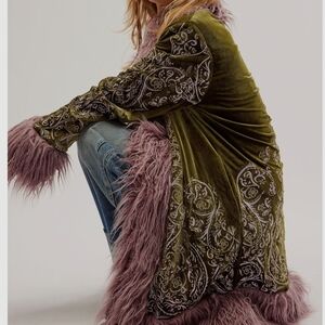 Free People Olive Green Velvet Coat with Lavender Accents
